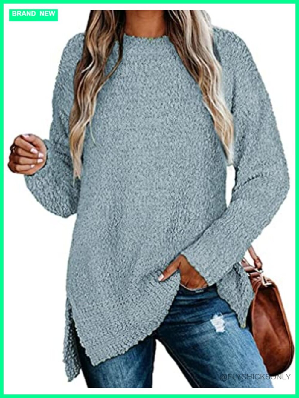 Fuzzy Knitted Sweater Tunic Pullover Long Sleeve Crew Neck Side Split